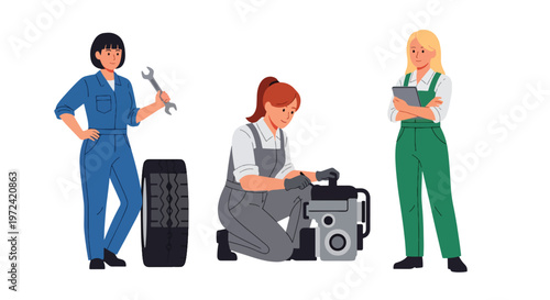 Collection set vector flat style of 3 female mechanics, automotive service characters isolated on clean background.