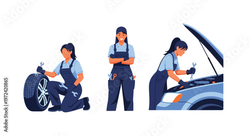 Collection set vector flat style of 3 female mechanics, automotive service characters isolated on clean background.