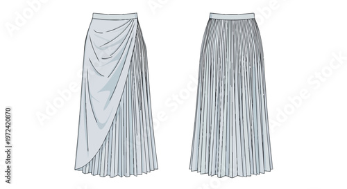 Detailed technical illustration of a long pleated skirt with a chic draped overlay design and clear back view
