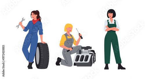 Collection set vector flat style of 3 female mechanics, automotive service characters isolated on clean background.