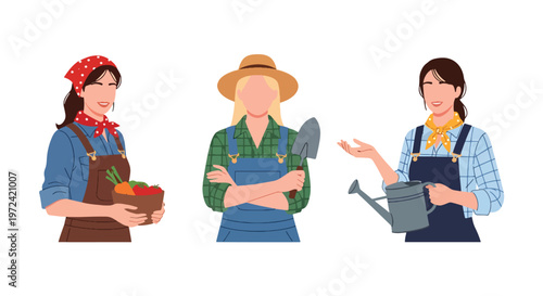 Collection set vector flat style of 3 female farmers and gardeners holding tools and harvest baskets, agriculture lifestyle characters isolated on clean background