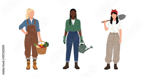 Collection set vector flat style of 3 female farmers and gardeners holding tools and harvest baskets, agriculture lifestyle characters isolated on clean background