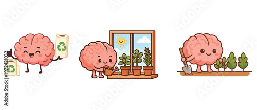 Cartoon brain character with plants and gardening tools