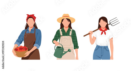 Collection set vector flat style of 3 female farmers and gardeners holding tools and harvest baskets, agriculture lifestyle characters isolated on clean background