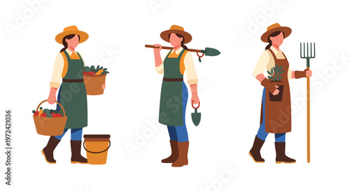 Collection set vector flat style of 3 female farmers and gardeners holding tools and harvest baskets, agriculture lifestyle characters isolated on clean background