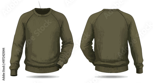 Olive green long-sleeve sweatshirt template featuring detailed front and back views, perfect for fashion design and apparel branding customization