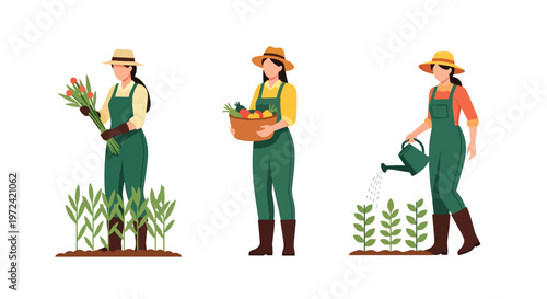 Collection set vector flat style of 3 female farmers and gardeners holding tools and harvest baskets, agriculture lifestyle characters isolated on clean background