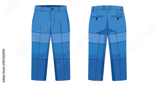 Blue patchwork casual trousers vector illustration showing modern apparel design with a unique segmented color scheme perfect for fashion visuals.