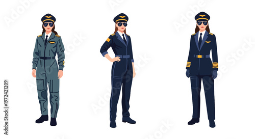 Collection set vector flat style of 3 female pilots in aviation uniforms, airline professional characters isolated on clean background for travel and transportation concepts