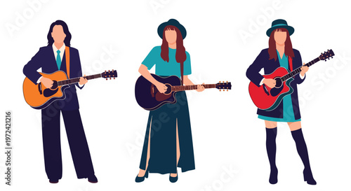 Collection set vector flat style of 3 female musicians, modern music band characters isolated on clean background for entertainment and performance concept