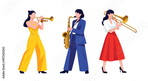 Collection set vector flat style of 3 female musicians, modern music band characters isolated on clean background for entertainment and performance concept