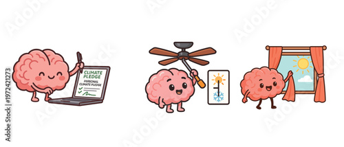 Cartoon brain signing climate pledge and adjusting home settings