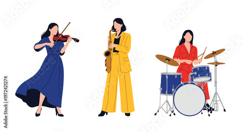 Collection set vector flat style of 3 female musicians, modern music band characters isolated on clean background for entertainment and performance concept