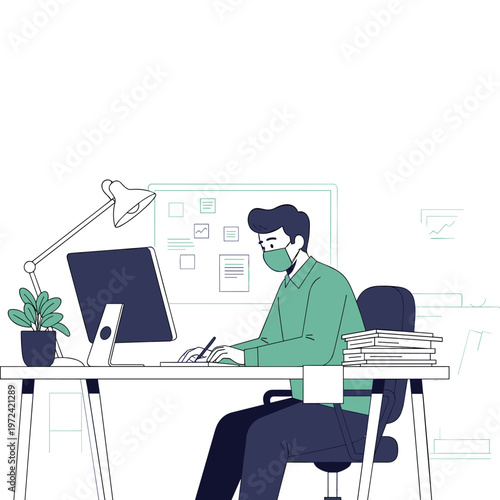 man wearing face mask working on computer isolated on transparent background