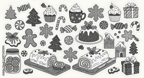 Black and white Christmas treats and decorations in a festive holiday scene winter grayscale sweets