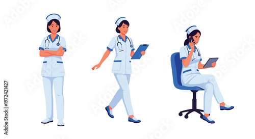 Collection set vector flat style of 3 female nurses, healthcare professional characters isolated on clean background for hospital and medical service concepts