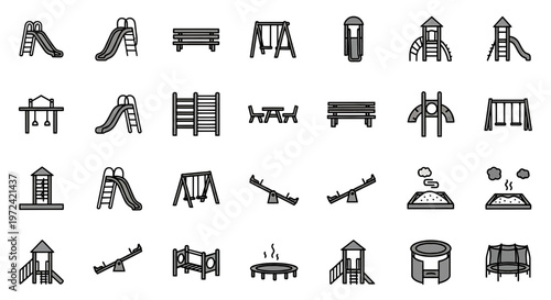 Black and white illustrations of various playground equipment and structures slide swing seesaw trampoline sandbox