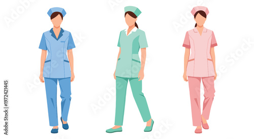 Collection set vector flat style of 3 female nurses, healthcare professional characters isolated on clean background for hospital and medical service concepts