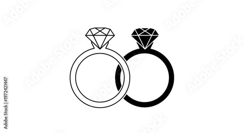 Black and white illustration of two diamond rings side by side ring engagement wedding jewelry