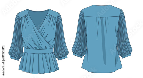 Technical flat drawing of a stylish women's light blue wrap peplum blouse with pleated details