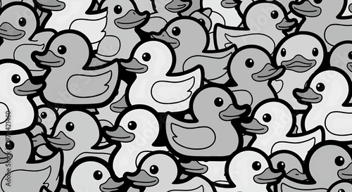 A vector graphic illustration of a group of cartoon ducks in black and white colors