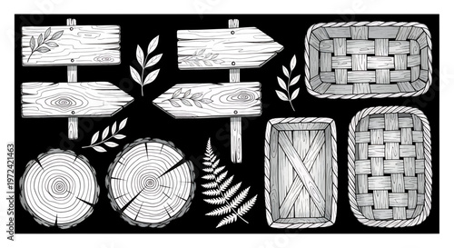 Wooden signs, tree slices, and woven baskets on a black background signs slices arrows trunks