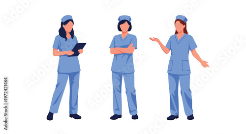 Collection set vector flat style of 3 female nurses, healthcare professional characters isolated on clean background for hospital and medical service concepts