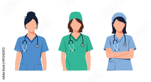 Collection set vector flat style of 3 female nurses, healthcare professional characters isolated on clean background for hospital and medical service concepts