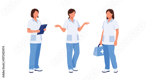Collection set vector flat style of 3 female nurses, healthcare professional characters isolated on clean background for hospital and medical service concepts