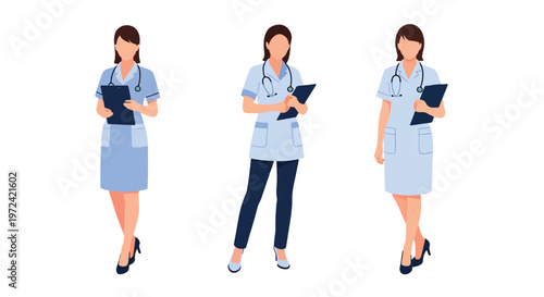 Collection set vector flat style of 3 female nurses, healthcare professional characters isolated on clean background for hospital and medical service concepts