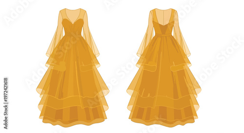 Golden tiered gown illustration with ethereal long sleeves and graceful silhouette captured in detailed front and back views for elegant apparel