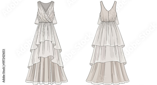 Elegant tiered dress technical illustration showing front and back views for fashion design a beautiful flowing silhouette perfect for any season or