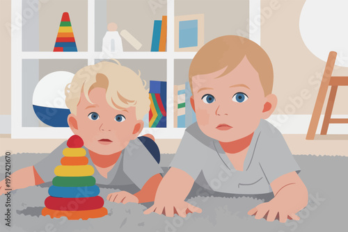 Two toddlers play with colorful stacking toy on soft rug in playroom during daytime
