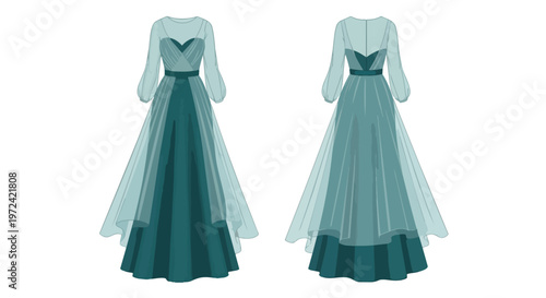 An elegant illustrated teal gown featuring long sheer sleeves and a flowing skirt, ideal for formal occasions.