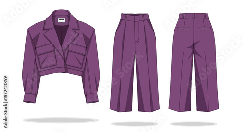 Vibrant purple contemporary apparel featuring a cropped jacket and flowing wide-leg trousers