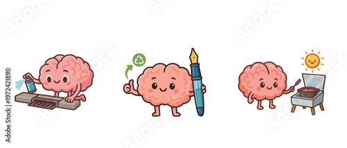 Cute brain character performing creative activities in flat vector style