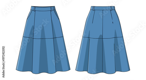 Blue flared midi skirt technical drawing, showcasing front and back views for fashion design and apparel pattern development. This artwork aids