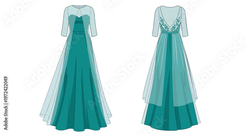 Graceful teal evening dress design with a sheer flowing overlay and elegant half sleeves delicate back embroidery enhances this sophisticated