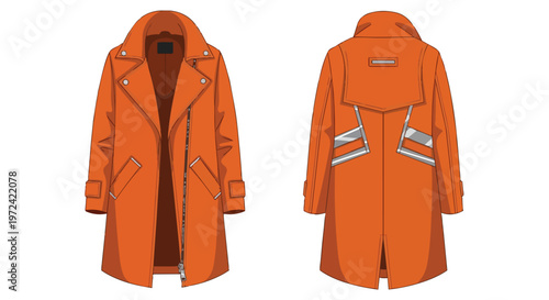 Vibrant orange asymmetrical utility trench coat illustration with modern design elements