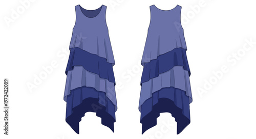 Contemporary sleeveless tiered dress design flat sketch presenting gradient blue hues with an elegant asymmetrical hem, depicting both front and