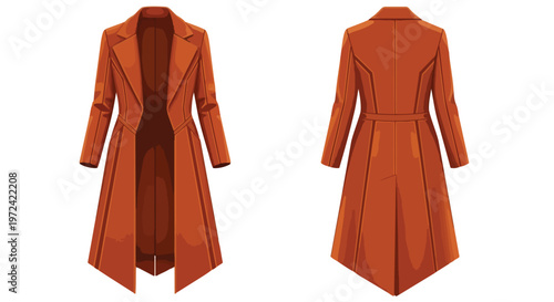 Elegant long rust-colored women's coat vector illustration, front and back views, perfect for contemporary fashion design, textile art, and apparel