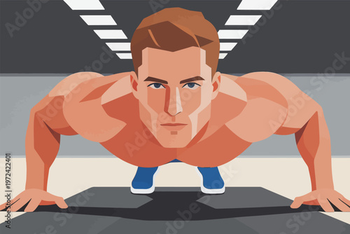 Man does push-ups in gym during workout session to build strength and improve fitness at indoor facility