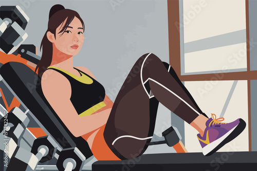 Woman doing leg workout at gym in front of large window during daylight