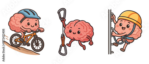 Cute brain cartoon riding bike and climbing rock wall