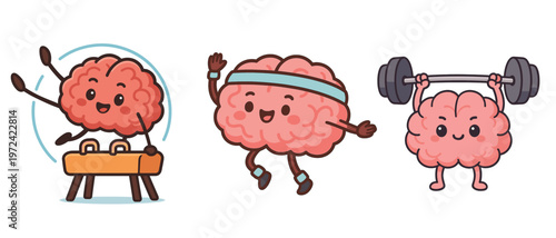 Cartoon brain exercising with gymnastic pommel horse and weightlifting