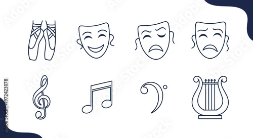 Performing Arts Icons: Ballet, Theater Masks, Music Notes, Harp