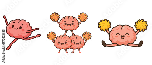 Cute cartoon brains cheerleading with pom poms