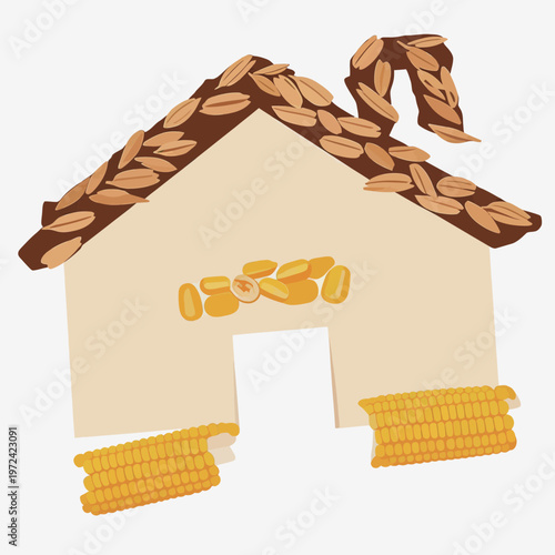 Art made with craft supplies shows a house built from corn and oats for a school project in a classroom setting