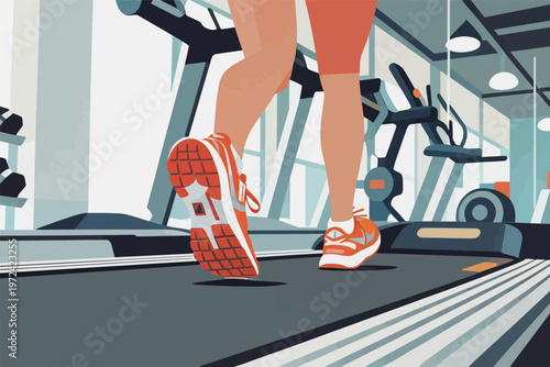 Person walks on treadmill in gym with exercise equipment in background during daytime