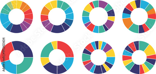 Colorful Donut Chart Infographic Set Featuring Circular Data Visualization Elements, Percentage Rings, and Business Analytics Graphics for Reports and Dashboard Design